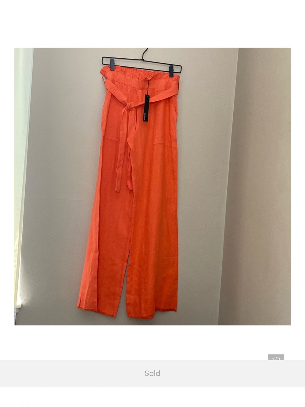 krisa Paperbag Waist Wide Leg Pants - Linen & Frayed Hem Size Small in Fanta